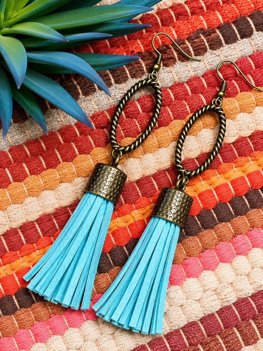 Artisan Hand Crafted Earrings Aqua Blue Faux Suede Tassels Antique Gold Pierced